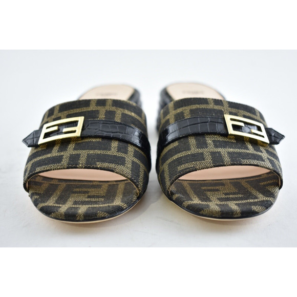 Fendi Black Brown FF Monogram Logo Backless Sandal Block Heel Mule Slide Pump 37 - Picture 7 of 12